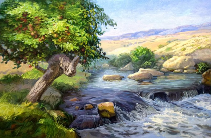 Boom geplant aan waterstromen als symbool van geestelijke groei, vruchtbaarheid en geluk volgens Psalm 1.