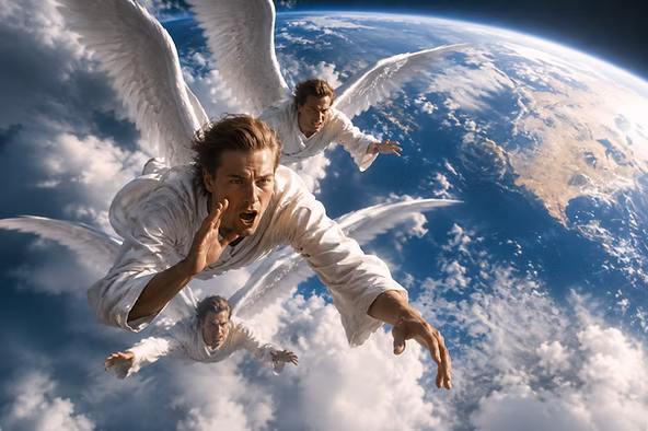 Engelen vliegen hoog boven de aarde en verkondigen het eeuwige evangelie aan alle volken, talen en naties, als symbool van Gods laatste boodschap aan de wereld.