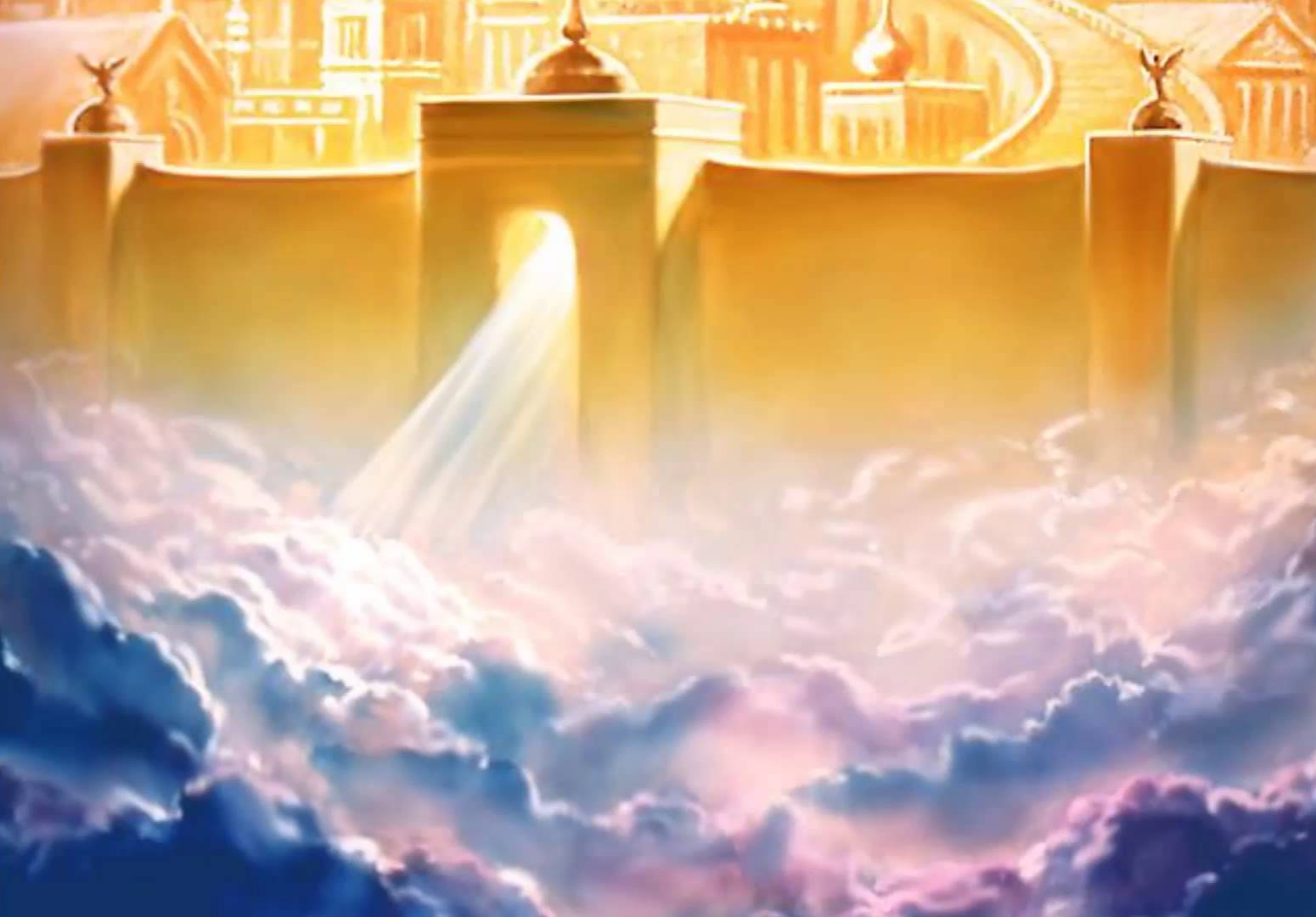 Het Nieuwe Jeruzalem daalt neer uit de hemel, omgeven door licht, wolken en Gods heerlijkheid.