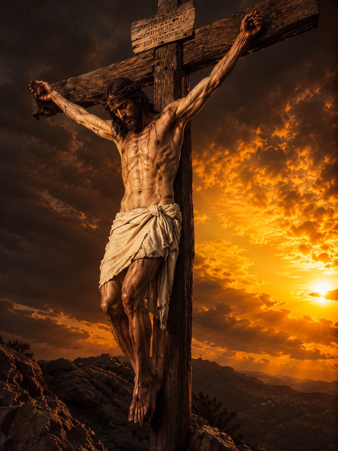 Jezus Christus hangt aan het kruis onder een donkere hemel, terwijl achter Hem het warme licht van de ondergaande zon door de wolken breekt.