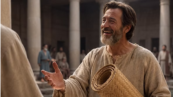 Jezus spreekt met de man die jarenlang verlamd was bij het bad van Bethesda en hem genezing schenkt.