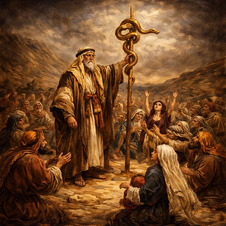 Mozes richt de koperen slang op in de woestijn als voorafschaduwing van Christus aan het kruis.