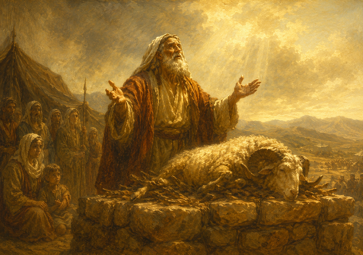 Oudtestamentische priester offert een ram op een stenen altaar onder stralend hemellicht, als voorafschaduwing van het volmaakte offer van Jezus Christus.