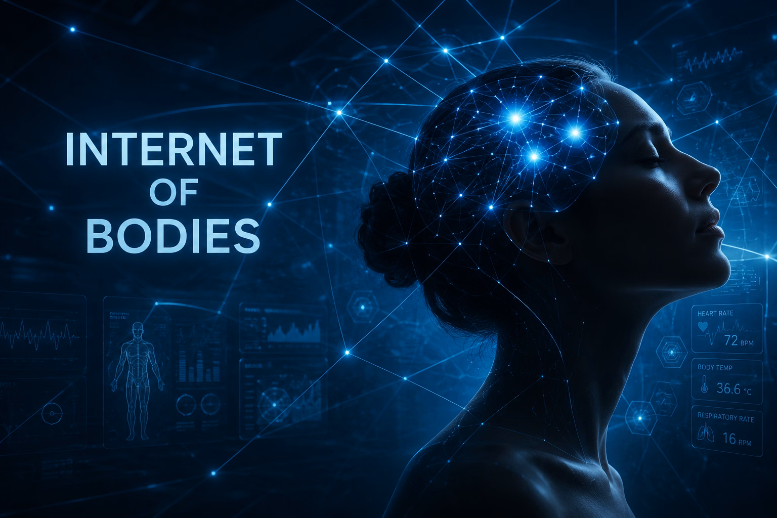 Digitale illustratie van het Internet of Bodies, waarbij het menselijk lichaam en brein verbonden zijn met een technologisch netwerk.