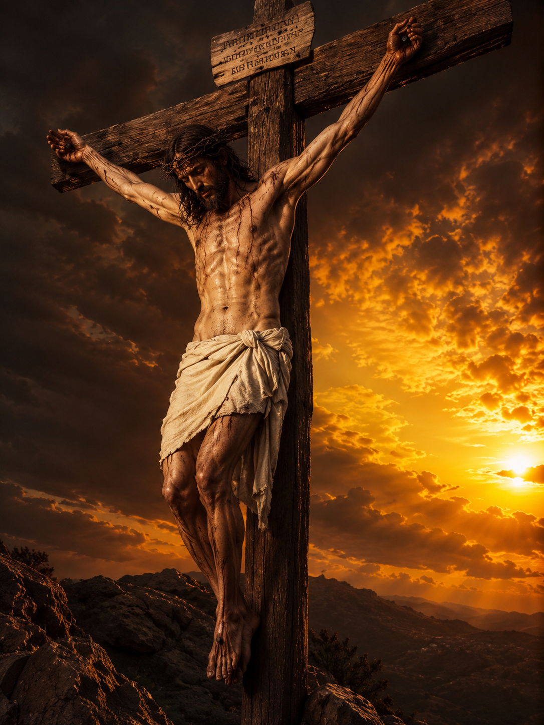 Jezus Christus hangt aan het kruis onder een donkere hemel, terwijl achter Hem het warme licht van de ondergaande zon door de wolken breekt.