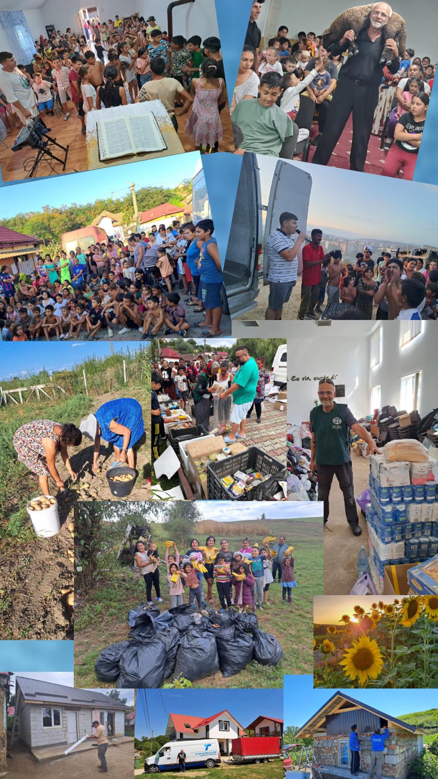 Collage van kinderprogramma’s, voedselhulp, moestuinprojecten, hulpgoederen en woningbouw van Stichting Romana in Roemenië.
